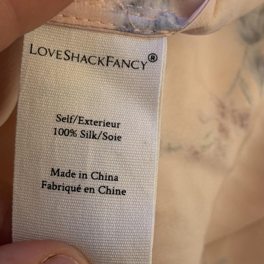 LoveShackFancy Blouse Womens Small Pink 100% Silk Floral Button Front Satin Top - Picture 11 of 16
